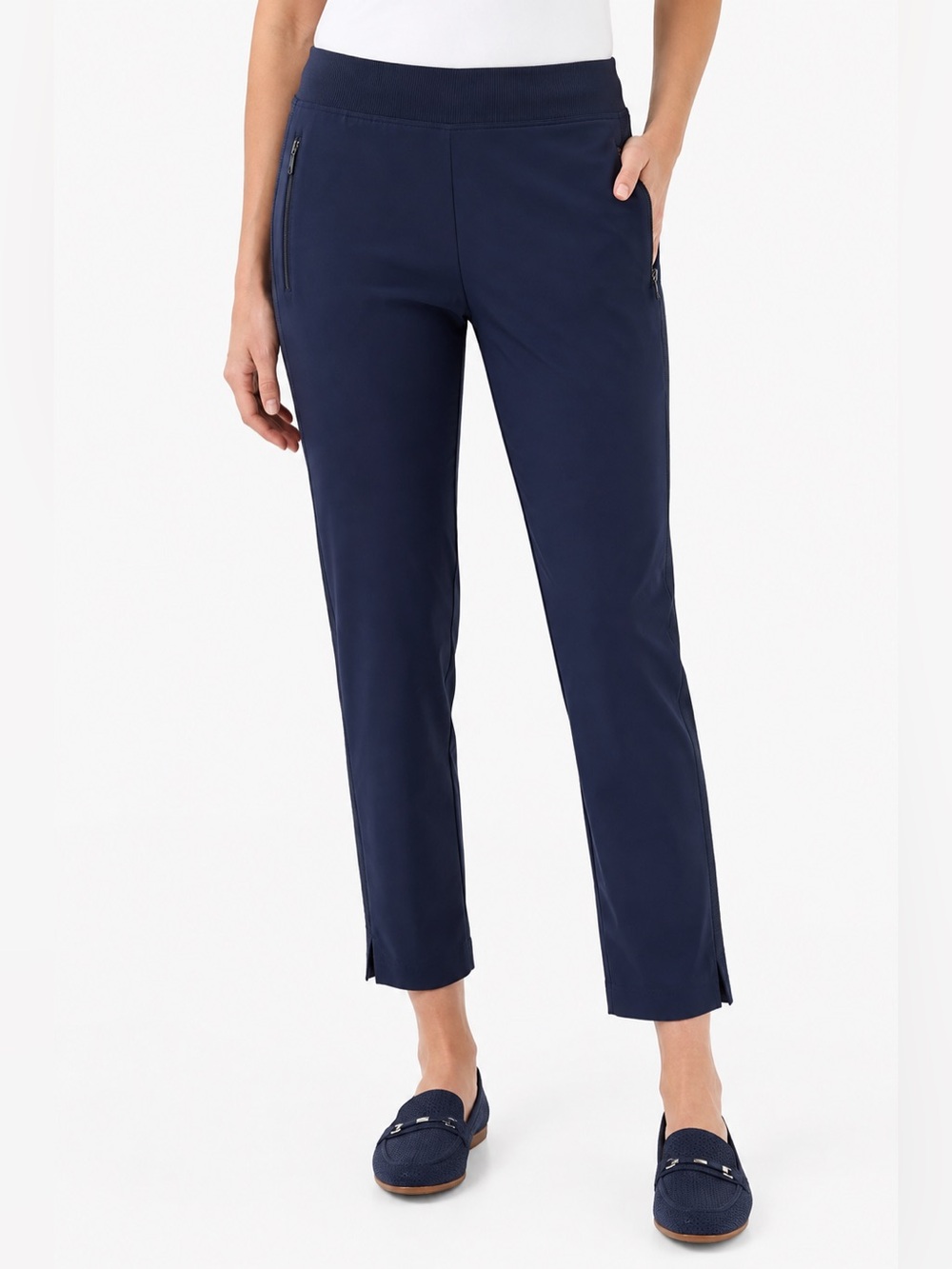 Chico’s Navy Pull On Ankle Pants Size 2R US 12 Ribbed Stretch Zip Pockets